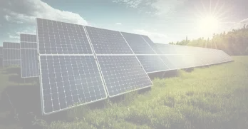 Clean solar panel array in direct sunlight, demonstrating large-scale energy sustainability and renewable solar power solutions.