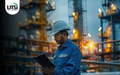 Engineer inspecting industrial equipment in a manufacturing facility