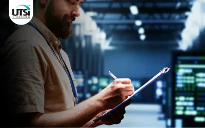 Technician using a tablet in a data center server room