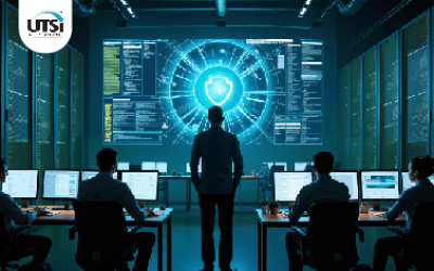 Analyst monitoring cybersecurity dashboard on large digital screen in operations center